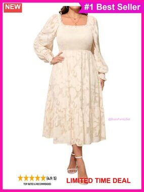 Plus Size Floral Lace Chiffon Midi Dress Square Neck Long Puff Sleeve A-Line